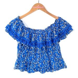 All in Favor Blue off shoulder Floral Top with tassels, Size XL, NWT
